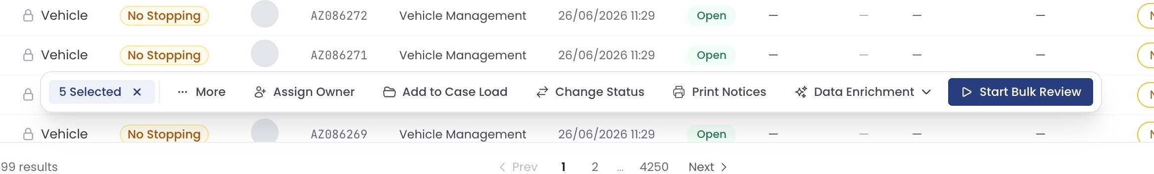 Bulk action toolbar showing Start Bulk Review beside data enrichment and print notice actions