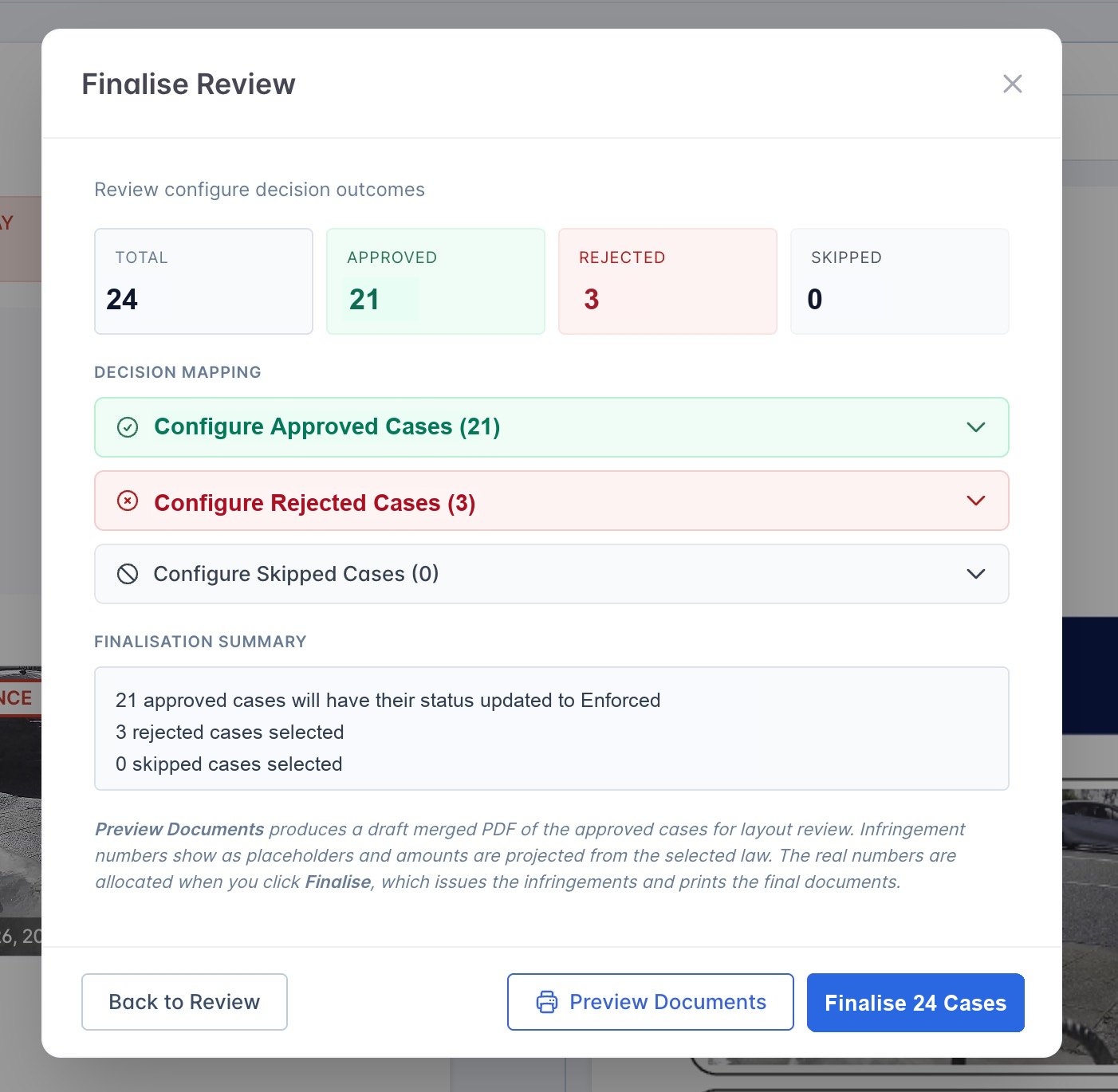 Finalise Review modal showing a larger batch of approved rejected and skipped cases
