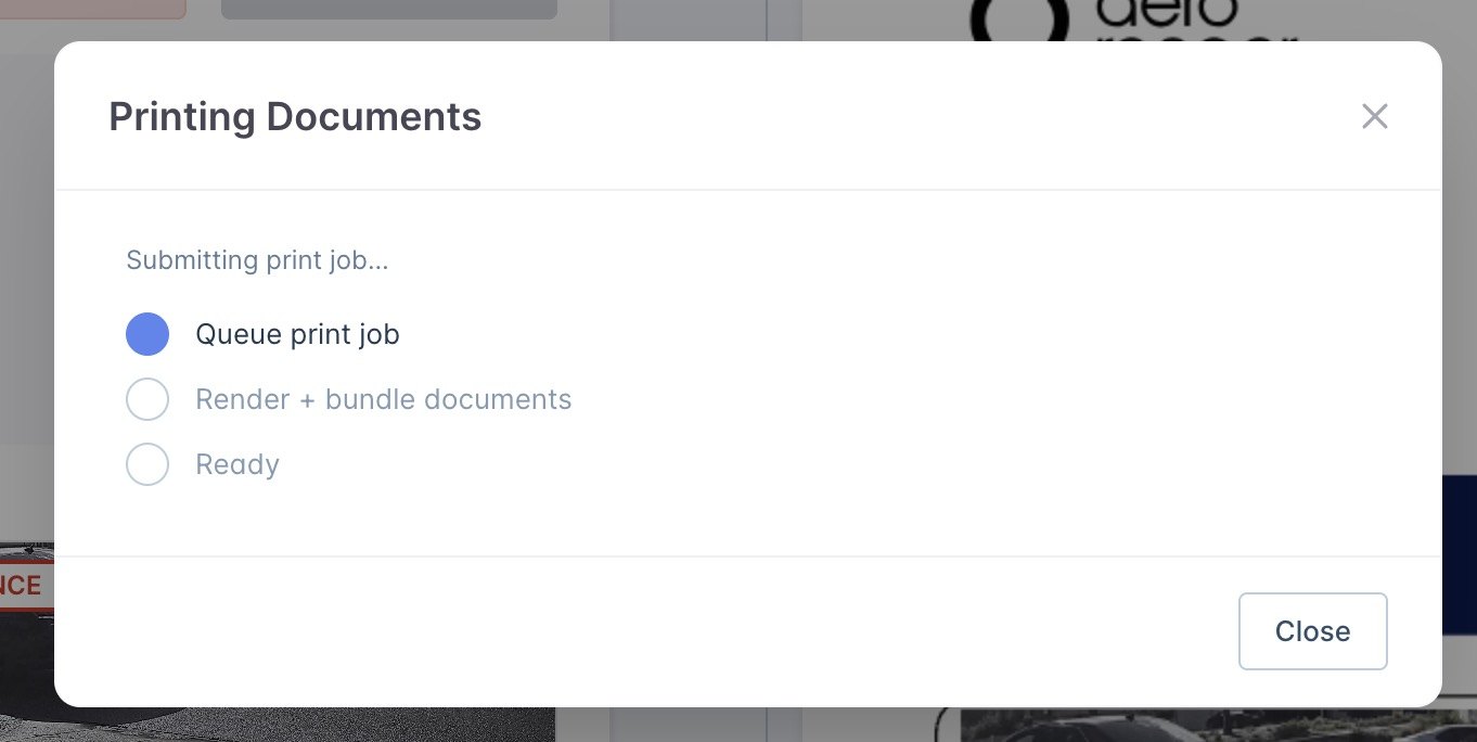Printing Documents modal showing queue print job render and ready steps