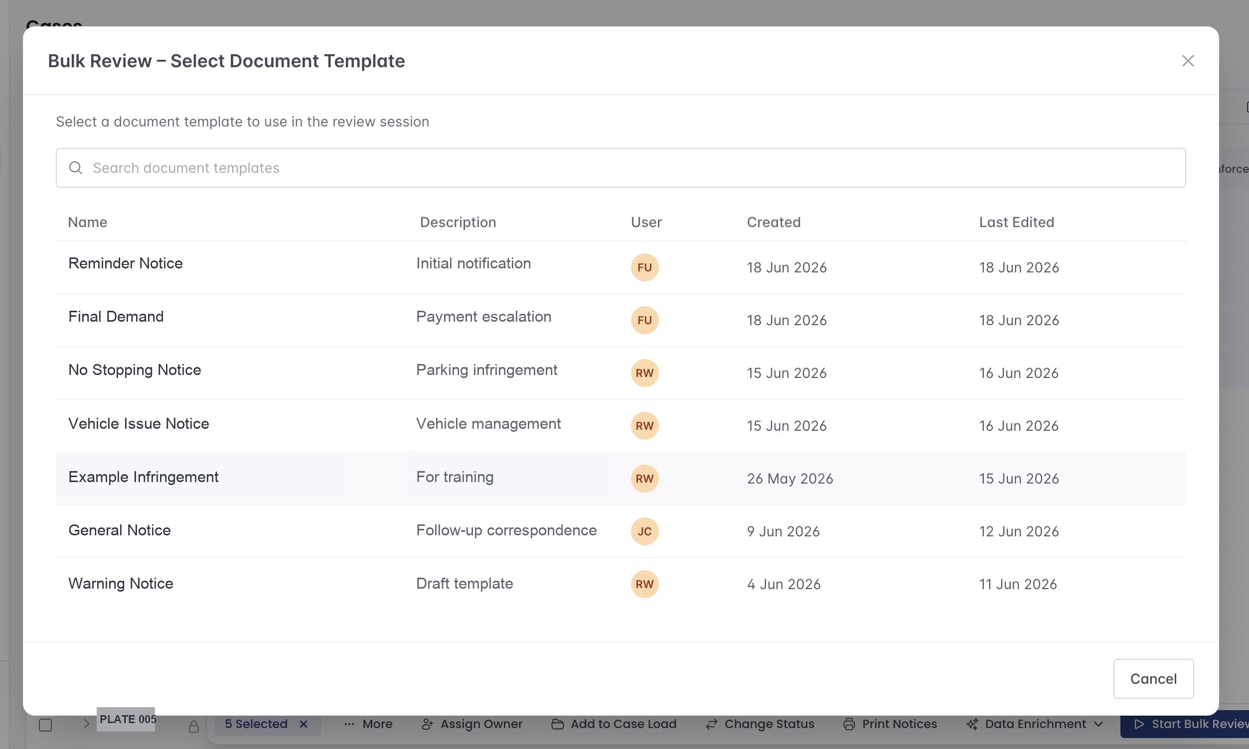 Bulk Review document template selector with generic notice and infringement template names