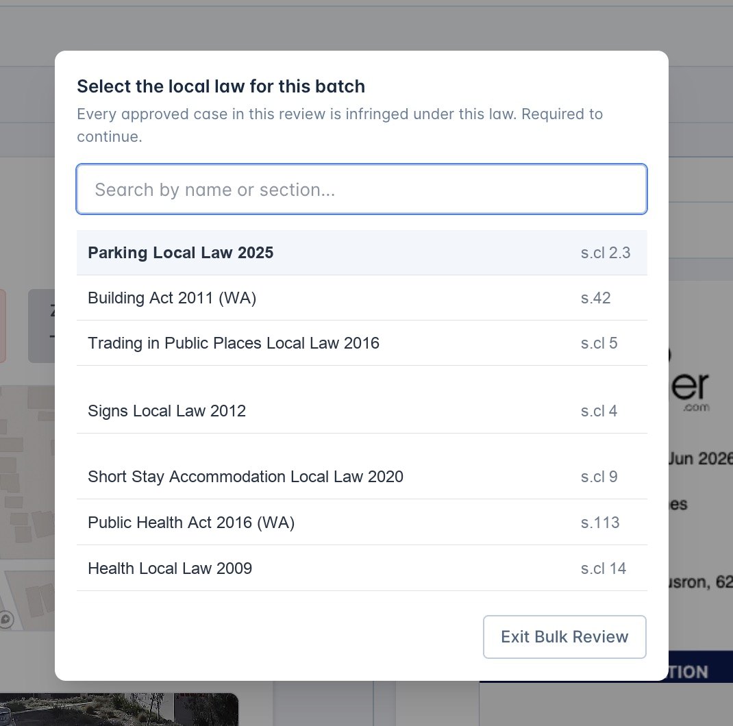 Select the local law modal for Bulk Case Review with generic local law names