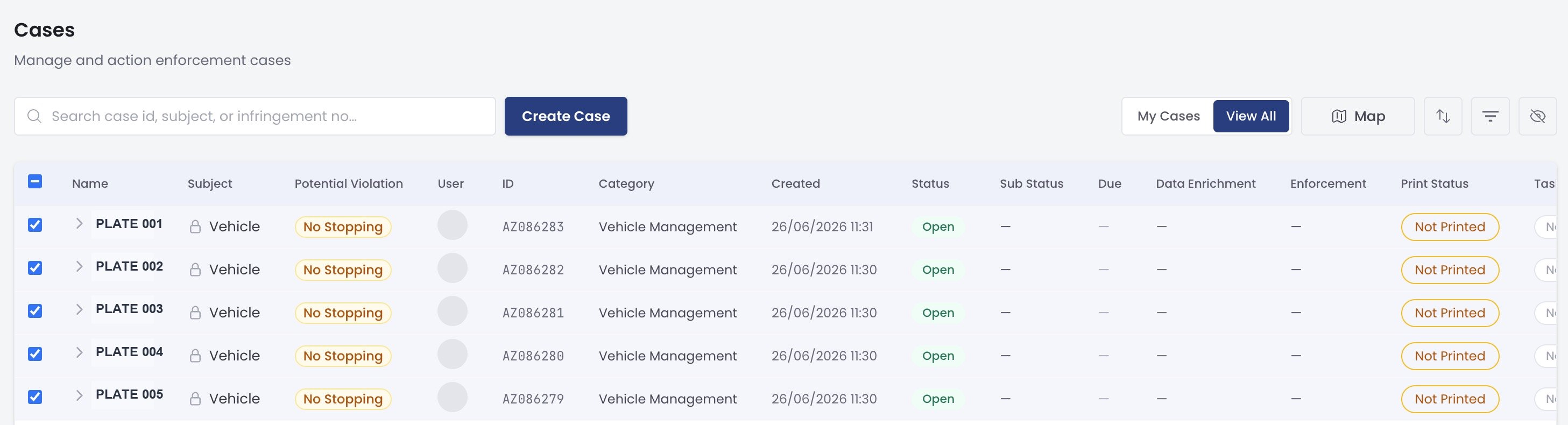 Five cases selected in the Aero Ranger CORE Cases list with generic plate labels