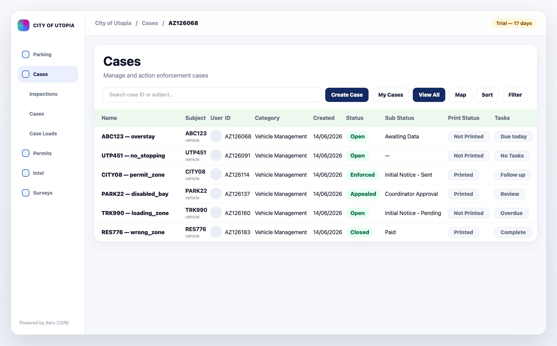 Aero Ranger CORE Cases list with search, create case, view controls, status, print status and task columns