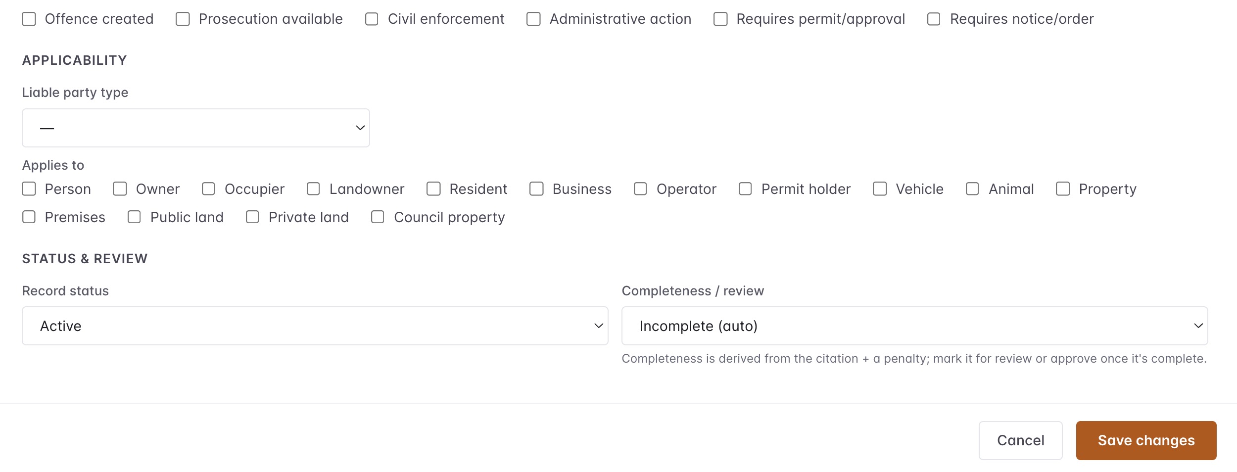 Edit Local Law applicability, status and review fields
