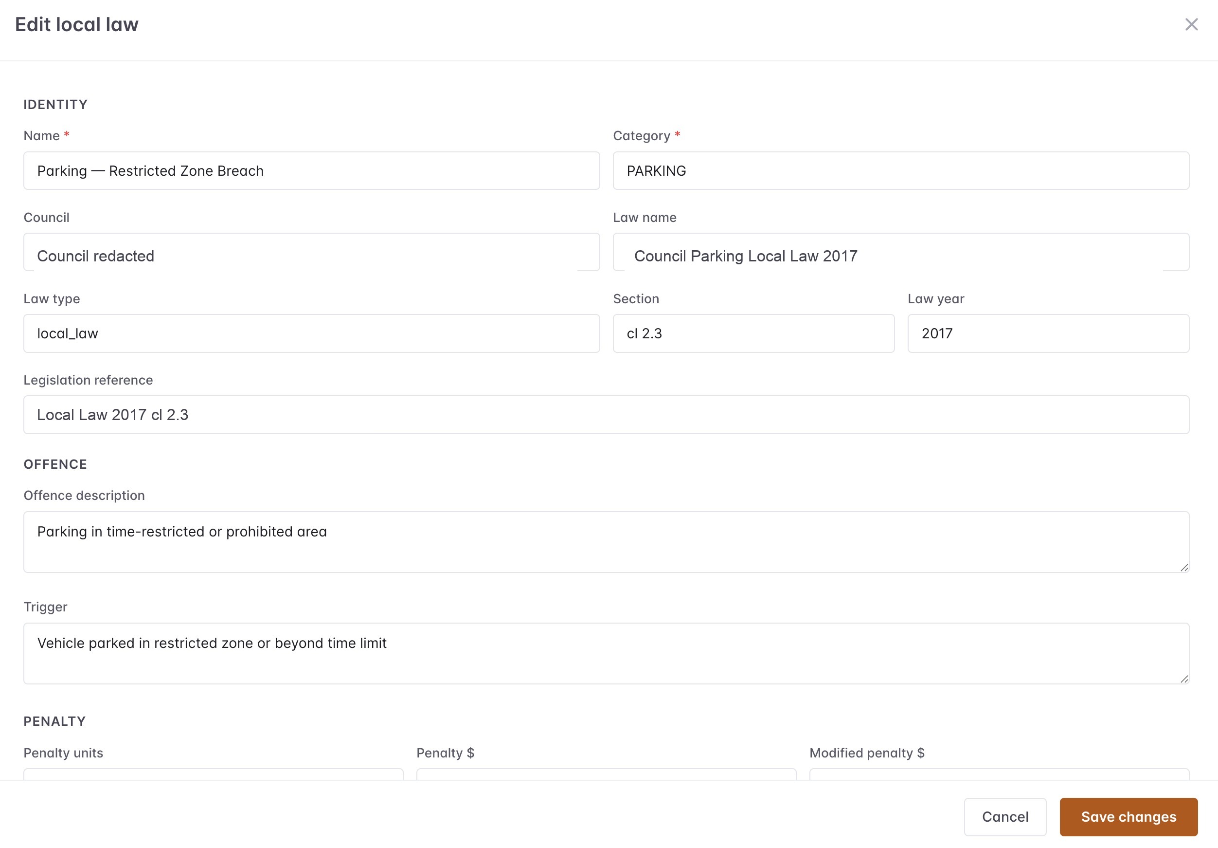 Edit Local Law identity fields with council-identifying values redacted