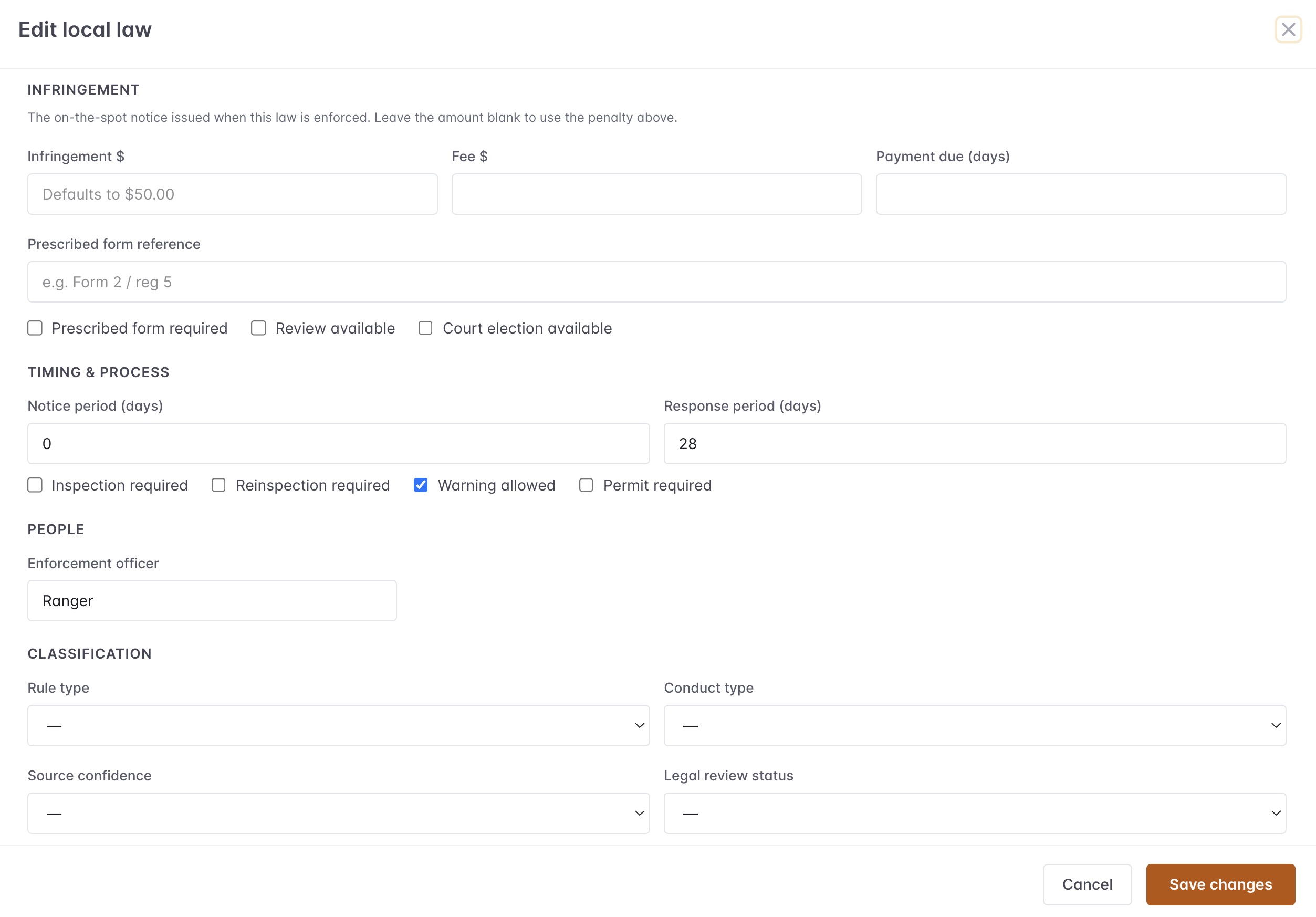 Edit Local Law infringement timing and process fields