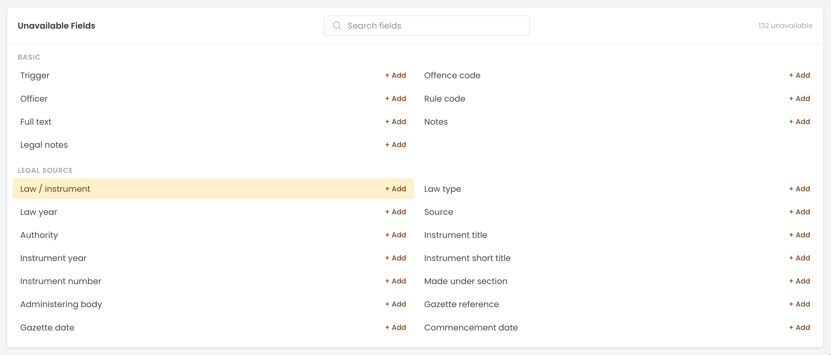 Local Laws Unavailable Fields tab with extra legal-source fields
