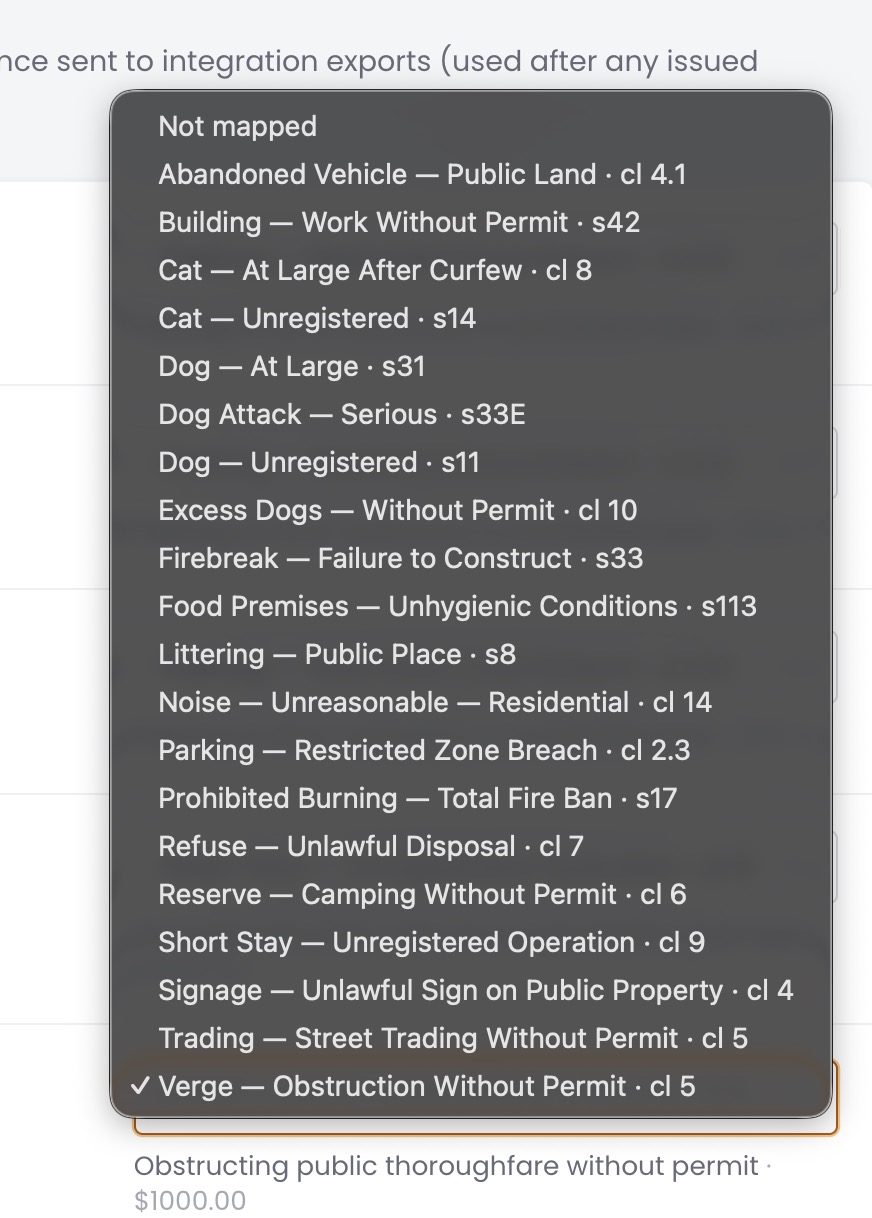 Parking Offence Mapping dropdown with Verge — Obstruction Without Permit selected