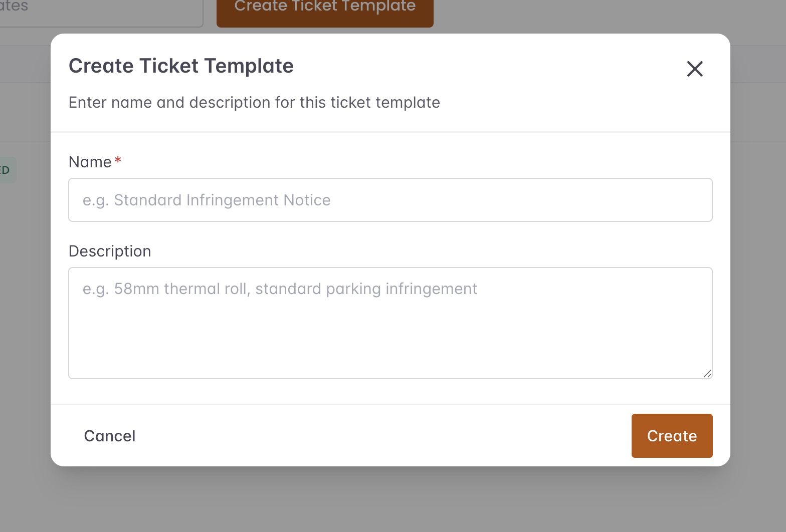 Create Ticket Template modal with empty name and description fields