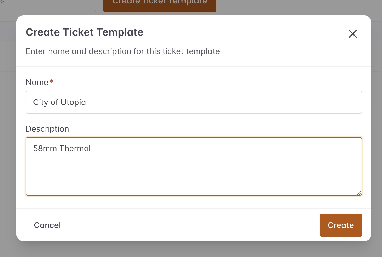 Create Ticket Template modal with example name and 58 mm thermal description