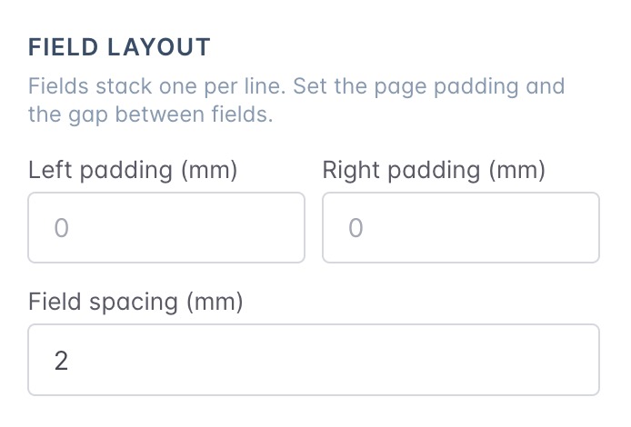Ticket Builder field layout settings for left padding, right padding and field spacing