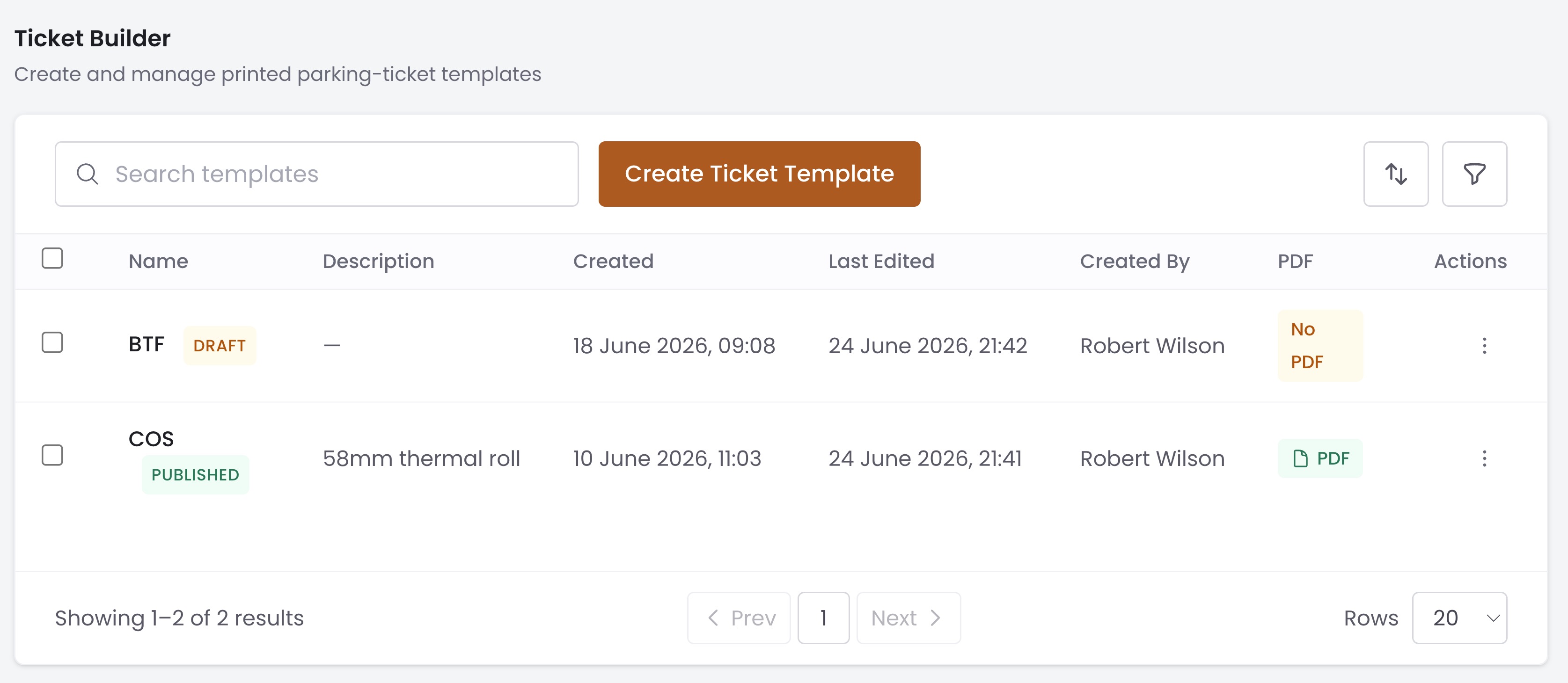 Ticket Builder list with existing templates and Create Ticket Template button