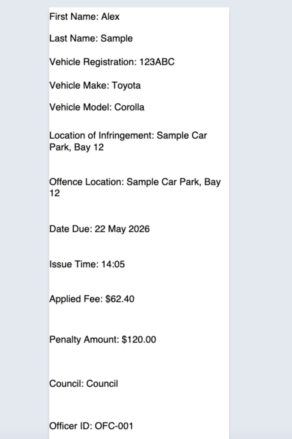 Ticket Builder preview showing a sample populated thermal ticket