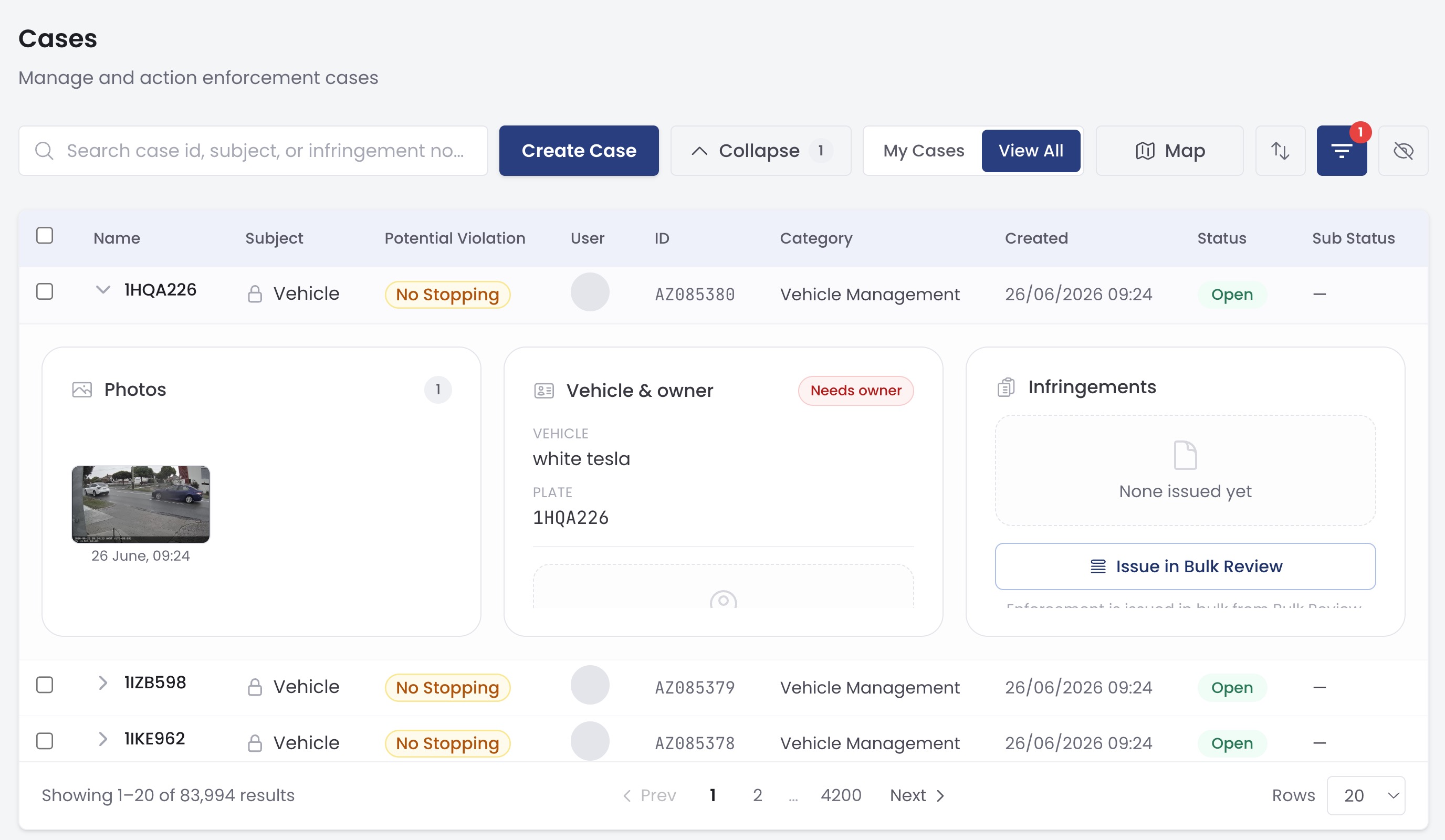 Aero Ranger CORE cases list expanded to show photos vehicle owner details and infringements
