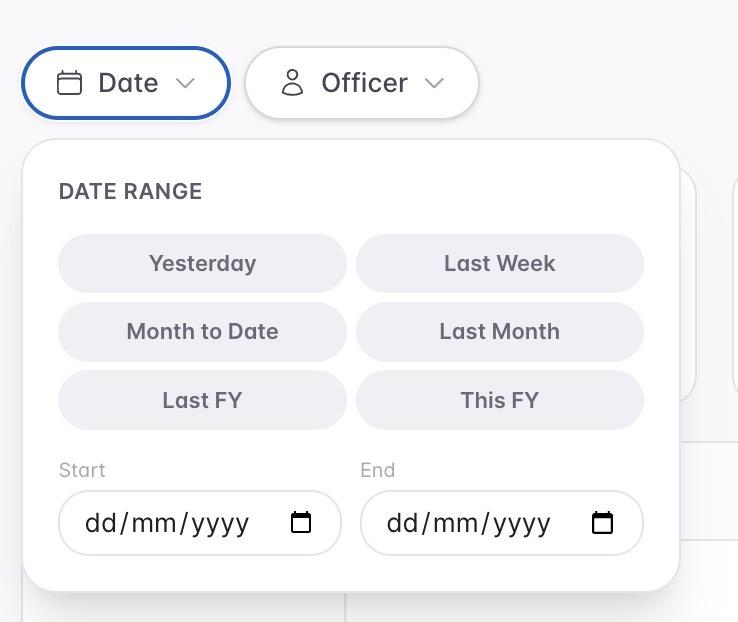 ANPR date range filter with preset ranges and custom start and end date fields