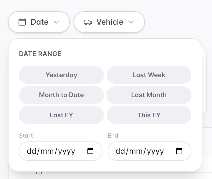 Officers report date range filter and vehicle filter controls