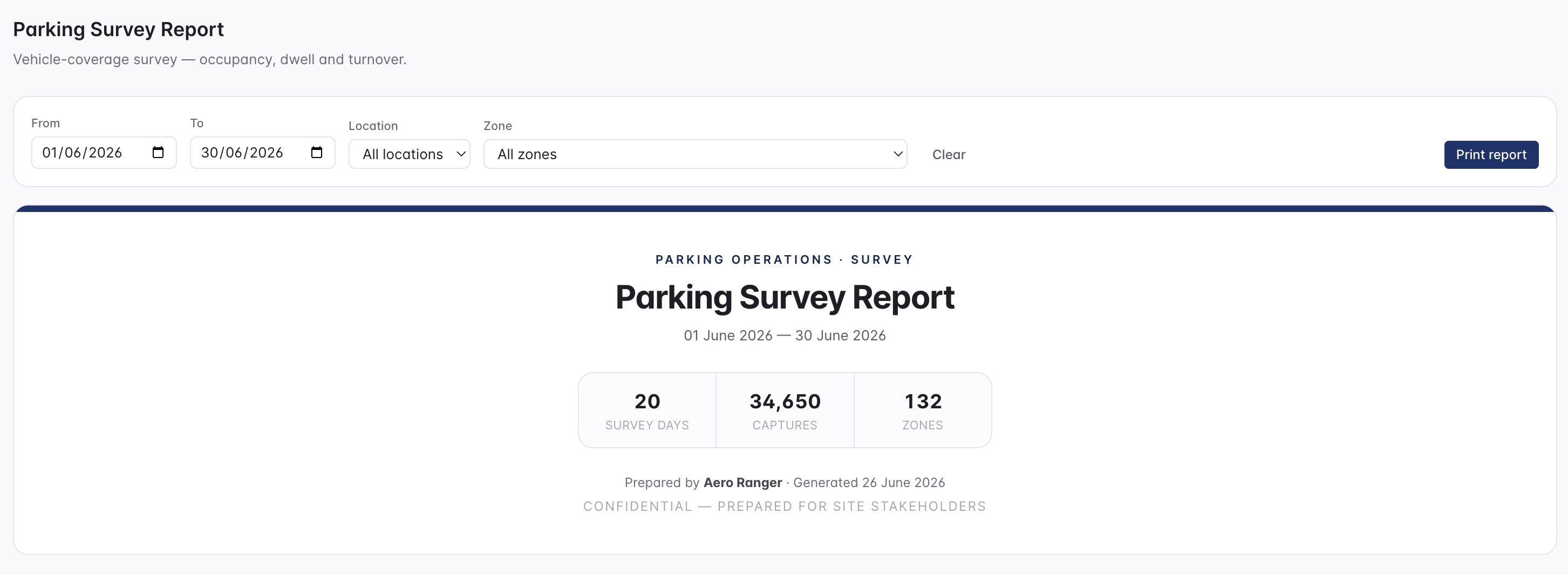 Parking Survey Report screen with date, location and zone filters